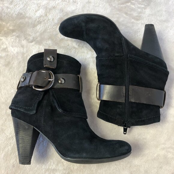 Black Suede Heeled Booties With Brown Strap and Buckle Size 37 (US 7) - Picture 6 of 13